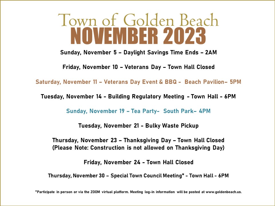 NOVEMBER CALENDAR 2023 Golden Beach A Town Unlike Any Other