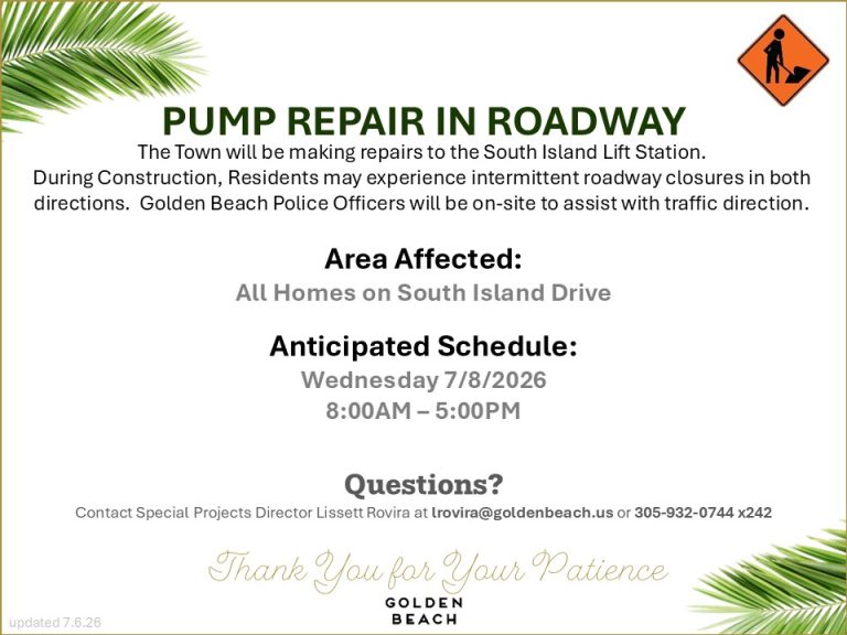Road Closure/Pump Repair – South Island Drive 7/8/26